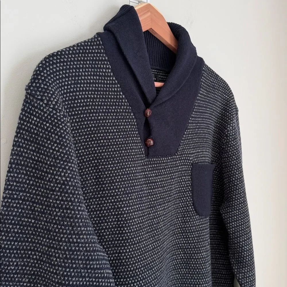 J.Crew Lambswool Shawl Collar Bird’s-Eye Sweater Men’s Large Navy Button Neck